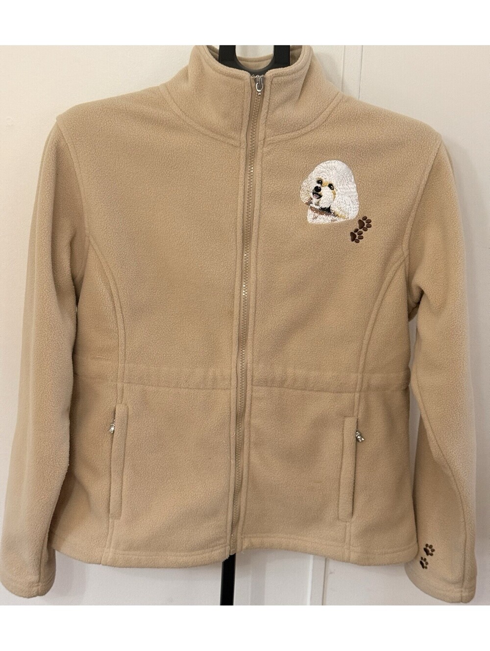 The Bradford Exchange Women Full Zip Dog Fleece Jacket Embroidered Medium Tan